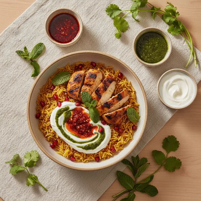OTTA Bowl mit Safranreis, gegrilltem Fleisch und Saucen